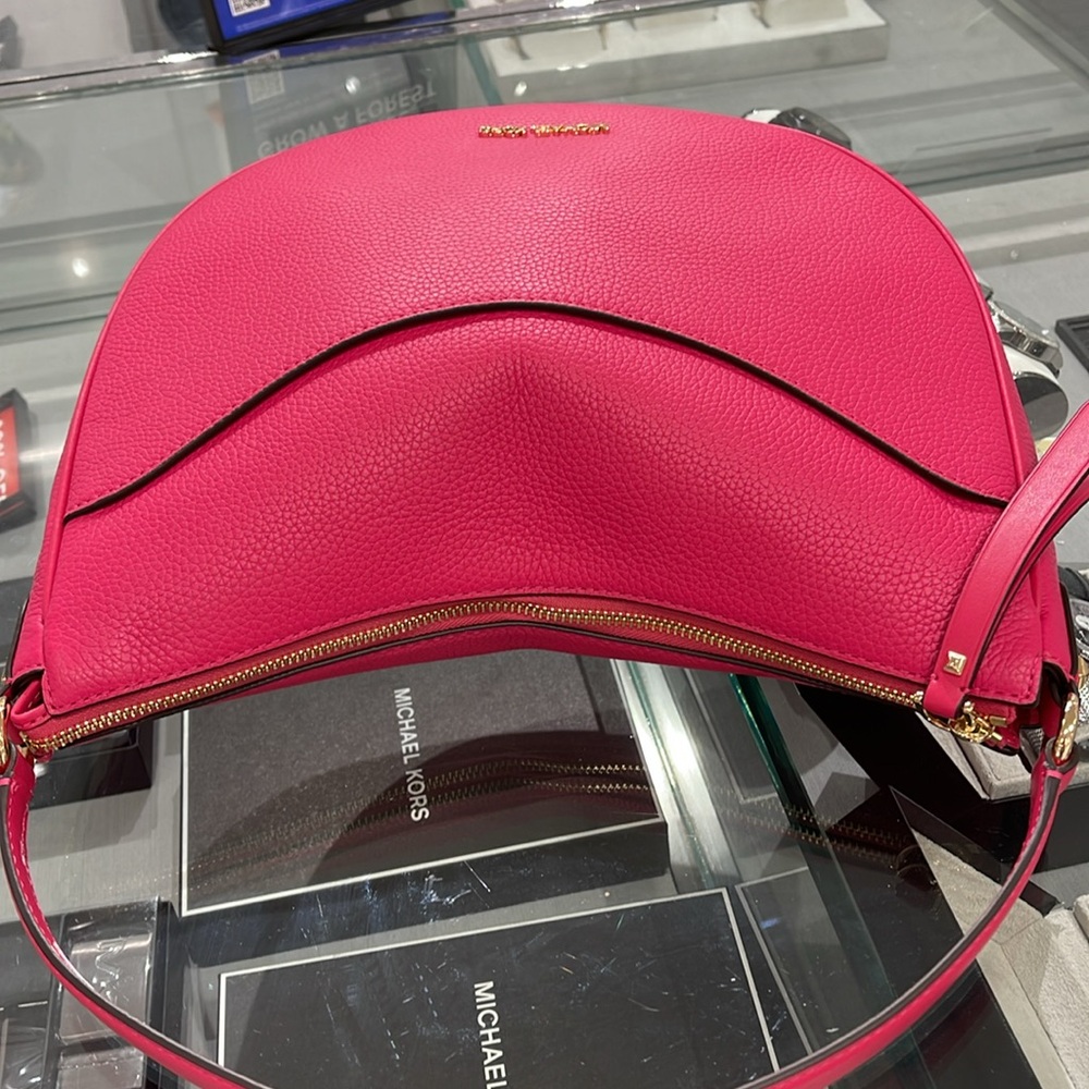 Michael Kors Dover Large Leather Top Zip Half Moon Shoulder Bag in Electric Pink - Picture 8 of 16